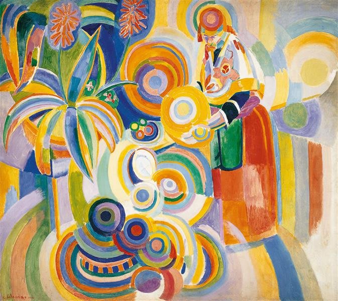 Peinture 'Mulher Portuguesa' de Robert Delaunay, représentant une femme dans un marché avec des couleurs vives et des formes géométriques.