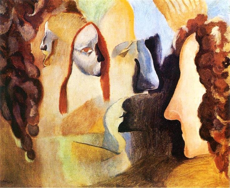 Peinture de Marcel Duchamp, 'Yvonne et Magdeleine', montrant des profils féminins dans un style évoquant les collages cubistes.