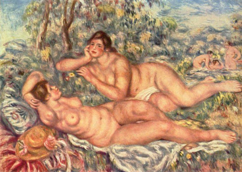 Dipinto di Auguste Renoir, 'Le Bagnanti', con donne nude che si bagnano in un paesaggio idilliaco e luminoso.