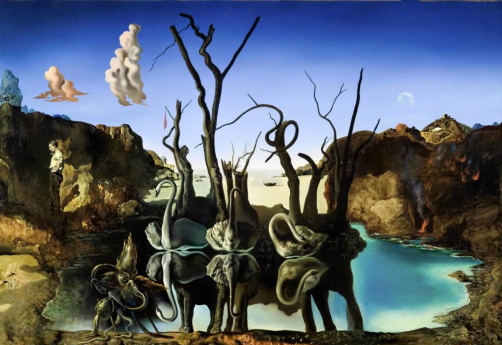 Surrealistisches Ölgemälde von Schwänen, die Elefanten in einem stillen See spiegeln