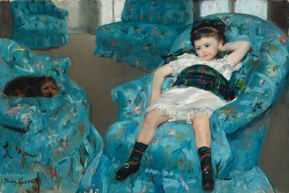 Ein Mädchen sitzt in einem blauen Sessel, Mary Cassatt, 1878