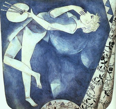 Pintura a óleo de Marc Chagall, retratando a cidade de Vitebsk, com elementos mágicos e sobrenaturais.