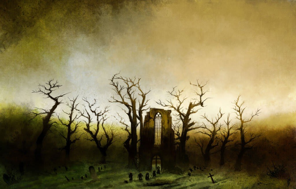 Pittura a olio in toni scuri e misteriosi, rappresentante una paesaggio montuoso con una figura umana solitaria.