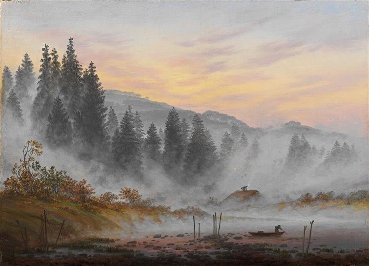 Pittura a olio in toni scuri e misteriosi, rappresentante un momento della mattina.