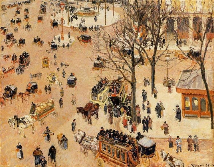 Ölgemälde von Camille Pissarro, das den Platz des Théâtre Français zeigt.