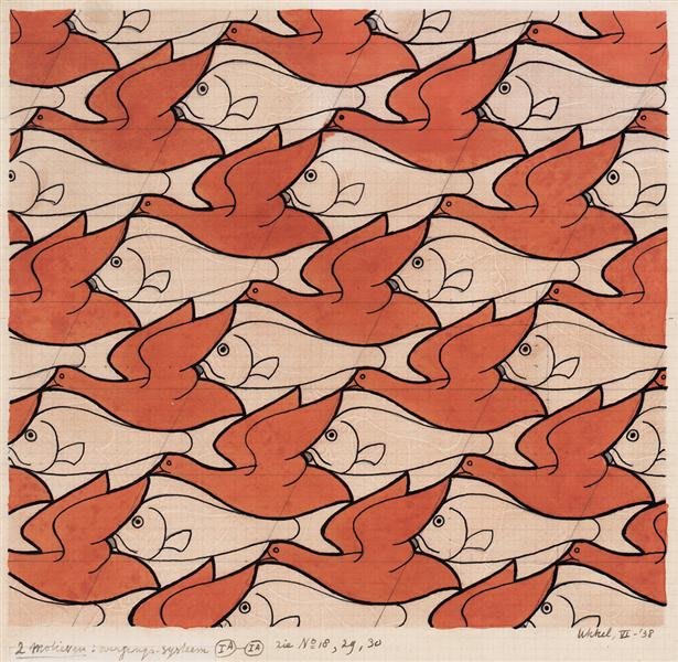 Uccello e Pesce. xilogravura. 1938 - Maurits Cornelis Escher