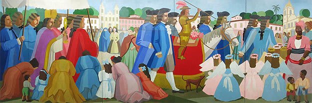 Pannello che raffigura una processione religiosa, con figure stilizzate e colori tenui, tipico dello stile di Tarsila do Amaral.
