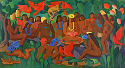 Pannello che mostra una scena di battesimo, con personaggi stilizzati in un'atmosfera misteriosa e colori scuri, come nel modernismo brasiliano.