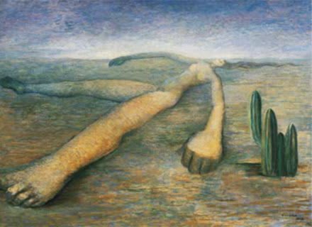 Pittura di Tarsila do Amaral 'Terra, Primavera' del 1946 o 'Spiaggia' del 1947, che presenta figure distorte e paesaggi surrealisti, con una figura femminile gigantesca che si fonde con la terra o il mare.