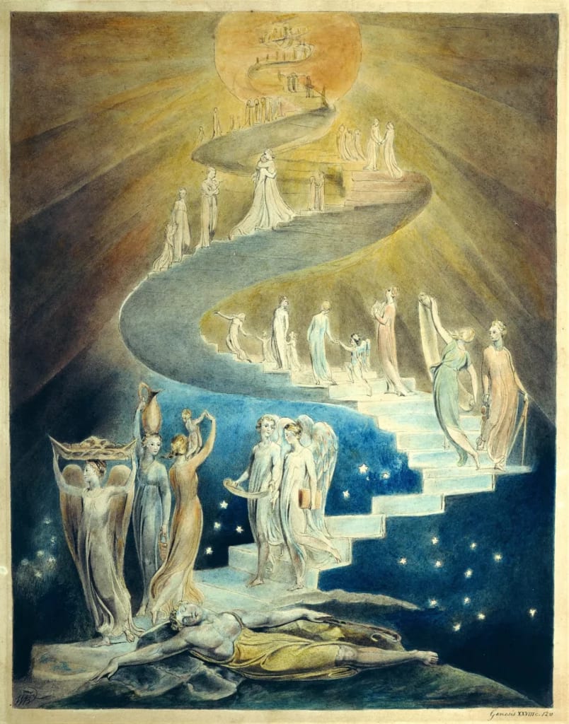 Dipinto a matita e acquerello raffigurante la Scala di Giacobbe, di William Blake