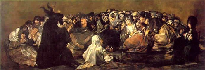Ein düsteres Ölgemälde von Goya: Der Hexensabbat, mit einem Ziegenbock als Satan und ängstlichen Frauen.