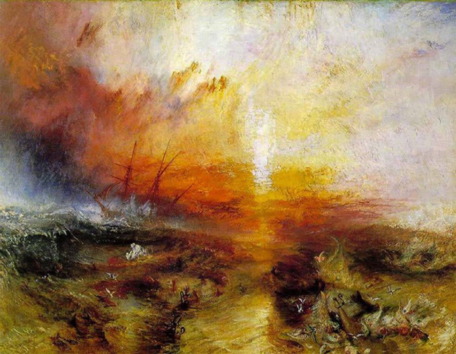 Stürmisches Meer und versinkende Figuren: Turners 'Sklavenschiff' in dramatischen Farben.