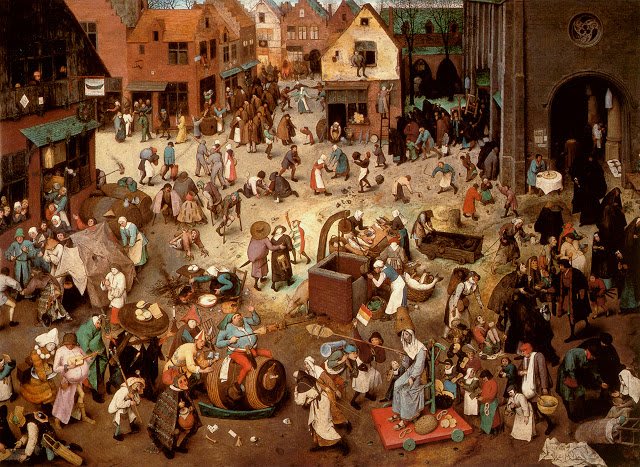 Scena generale della piazza con la battaglia tra Carnevale e Quaresima