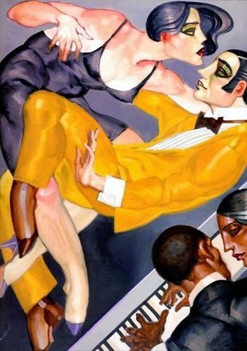 Opera d'arte con figure femminili eleganti, un motivo ricorrente