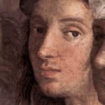 Dettaglio ravvicinato dell'affresco con un autoritratto di Raffaello