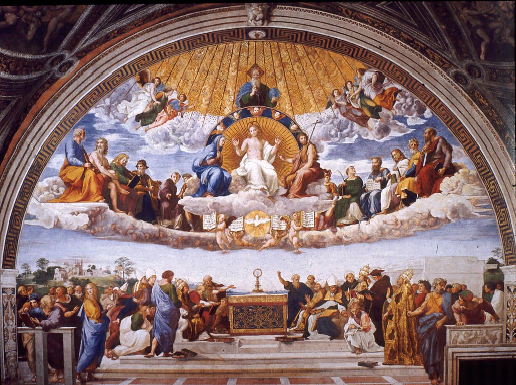 Diskussion über das Allerheiligste Sakrament (La Disputa) - c. 1508-09 Fresko (139 × 770 cm) - Stanza della Segnatura, Apostolischer Palast, Vatikan