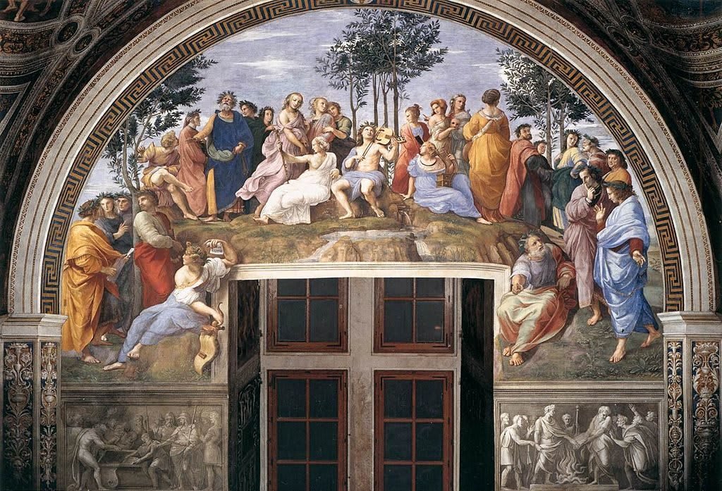 Der Parnass. Raffael Sanzio. c 1509.1510. Fresko - Stanza della Segnatura, Apostolischer Palast, Vatikan