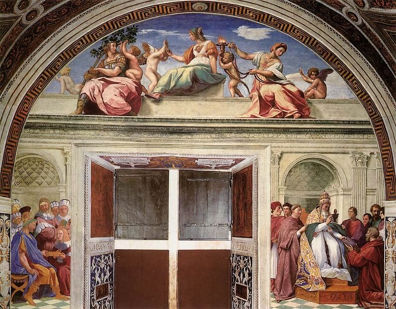 Die Gerechtigkeit. Raffael Sanzio. 1511. Fresko. Stanza della Segnatura, Apostolischer Palast, Vatikan