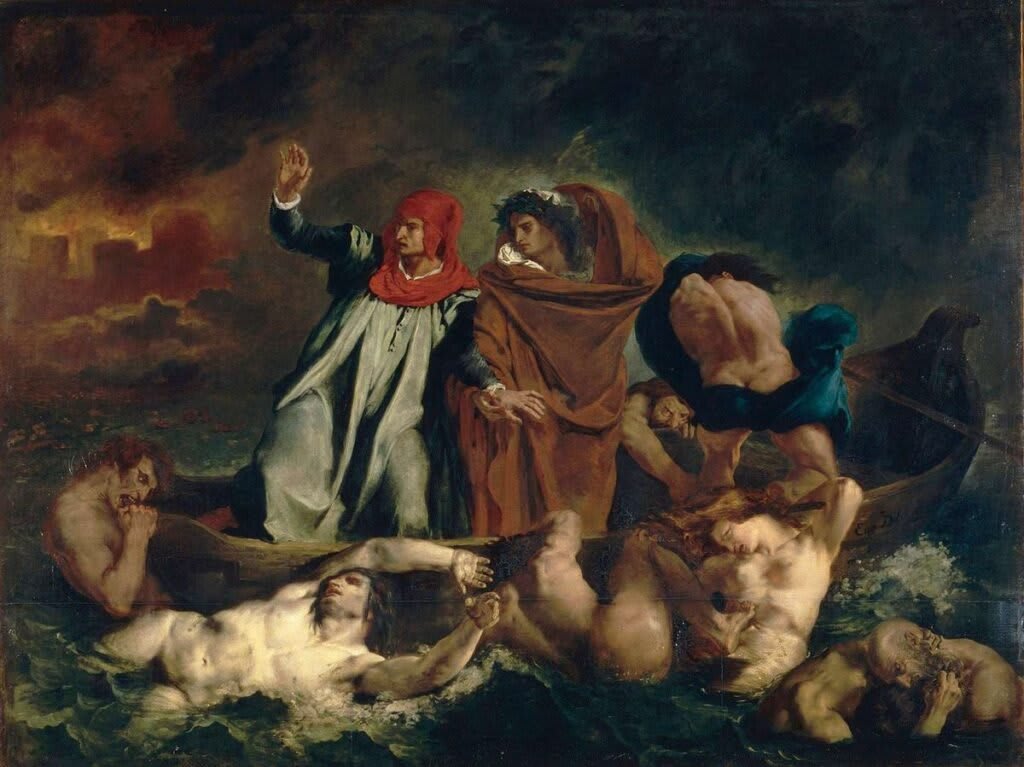 Dipinto a olio di Delacroix "La Barca di Dante", che mostra figure tormentate su un'imbarcazione, con toni scuri e drammatici.