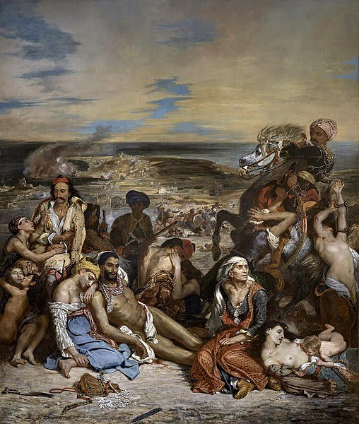 Dipinto di Delacroix "Il Massacro di Chio", che raffigura una scena caotica di sofferenza e violenza in Grecia.