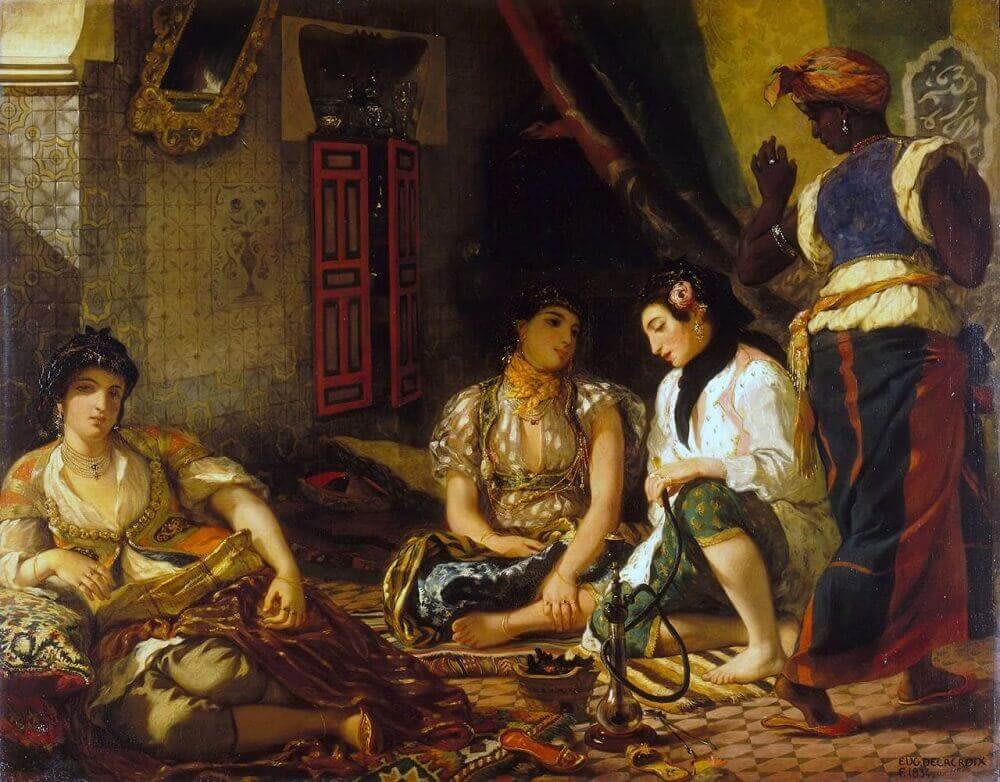 Dipinto di Delacroix "Donne di Algeri nei loro appartamenti", che ritrae un harem con colori ricchi e un'atmosfera intima.