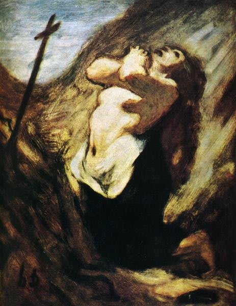 Caricatura satirica di Honoré Daumier raffigurante figure della giustizia, con toni umoristici e critici.
