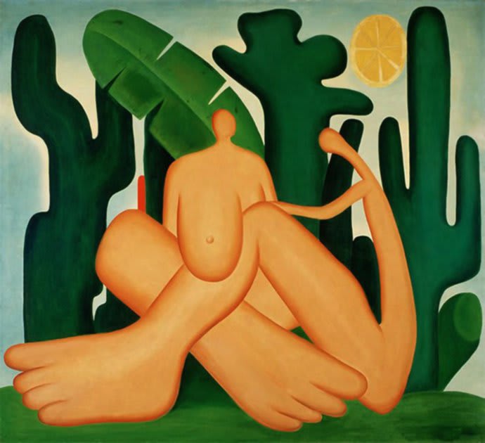 La celebre opera 'Abaporu' di Tarsila do Amaral, figura enigmatica con grandi piedi.