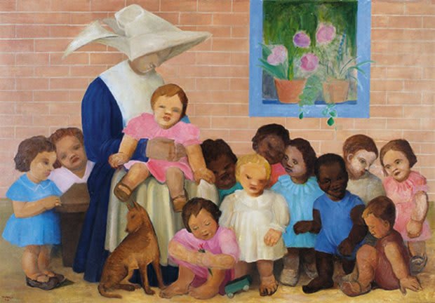 L'opera 'Operai' di Tarsila do Amaral, che ritrae volti di lavoratori, simbolo della sua fase sociale.