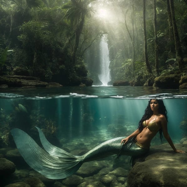 Illustrazione di Iara, una sirena dai capelli scuri in un fiume amazzonico, con piante esotiche sullo sfondo.