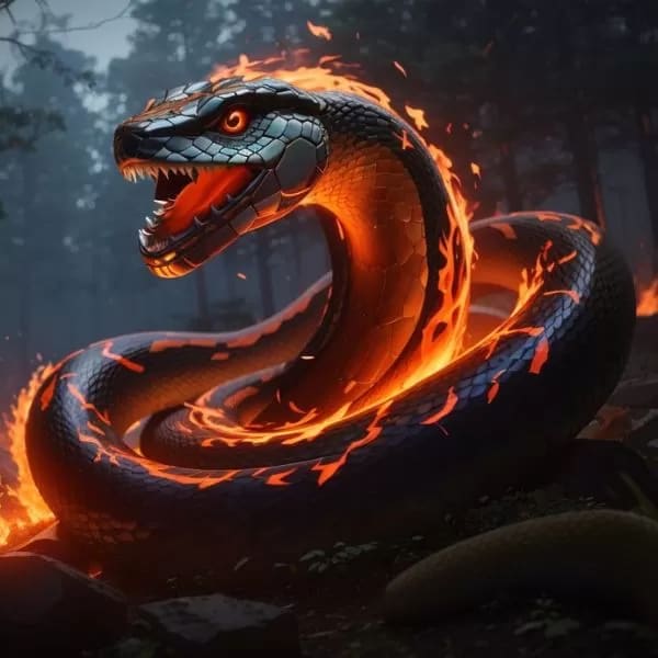 Illustrazione del Boitatá, un serpente gigante e luminoso, fatto di fuoco, che si muove in una foresta notturna.