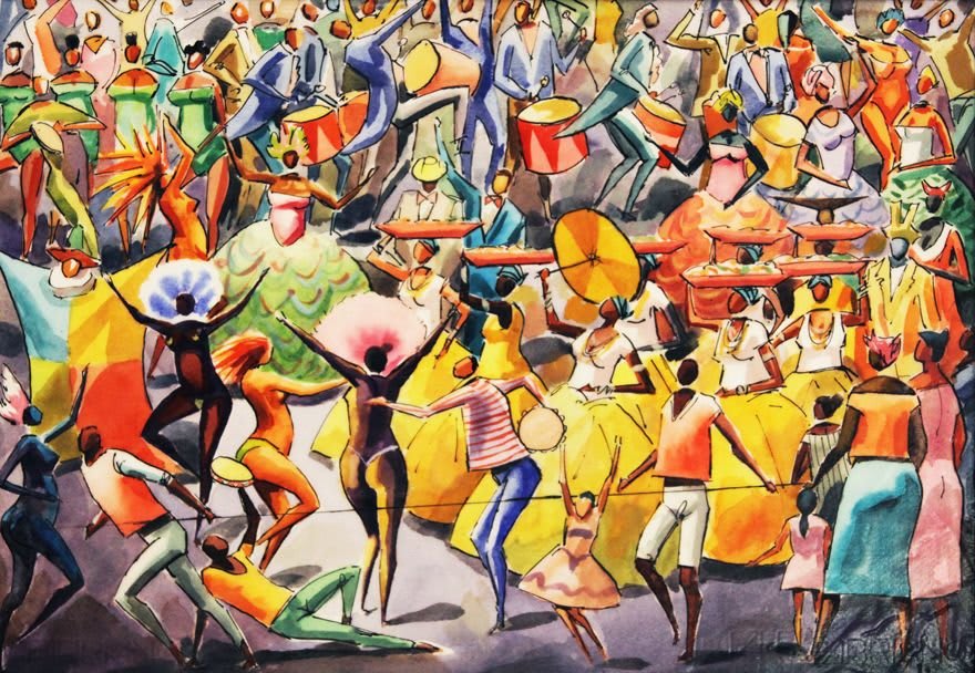 Pittura di una scena di Carnevale, con ballerini colorati che si muovono al ritmo di tamburi e musica, sotto l'occhio di un pubblico festoso.