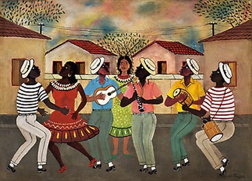 Pittura vibrante di una scena di samba, con ballerini che si muovono con energia e musica in un ambiente festoso.