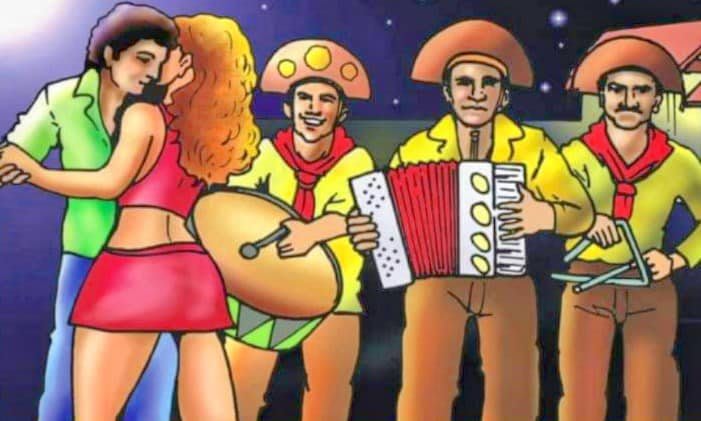 Pittura di una festa di Forró, con coppie che ballano al suono di una fisarmonica, un triangolo e una zabumba, in un ambiente allegro.