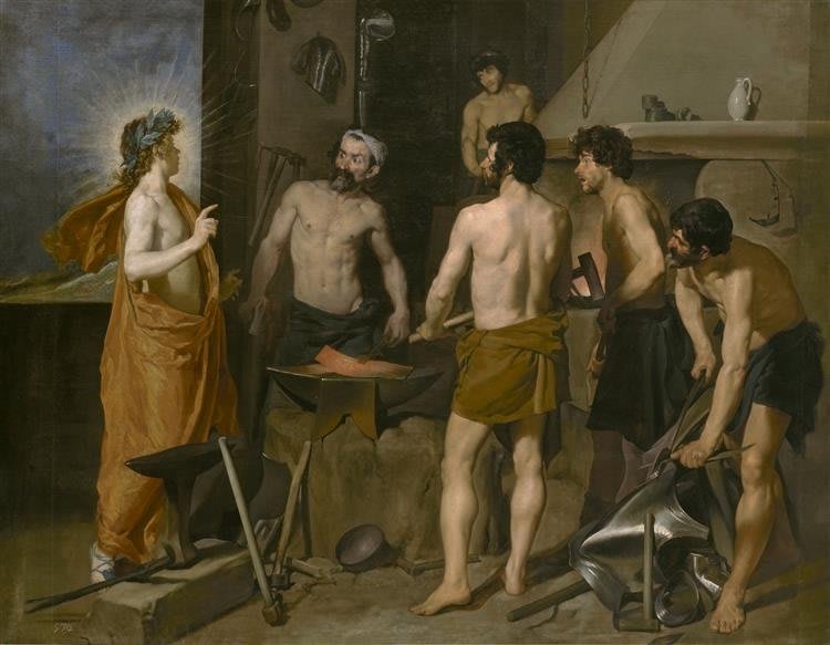 Dipinto di Diego Velázquez, 'La Fucina di Vulcano', raffigurante il dio circondato da ciclopi in un ambiente fumoso e cupo.