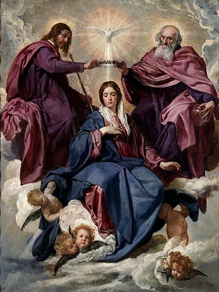 Dipinto di Diego Velázquez, 'L'Incoronazione della Vergine', con Maria circondata da figure celesti in un'atmosfera luminosa.