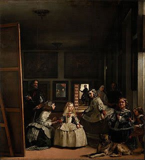Dipinto di Diego Velázquez, 'Las Meninas', un ritratto di gruppo complesso con l'Infanta Margherita e i suoi attendenti.