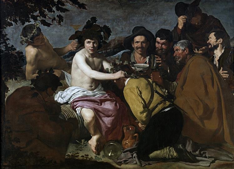 Dipinto di Diego Velázquez, 'Il Trionfo di Bacco', con il dio coronato di edera e un gruppo di uomini che brindano.