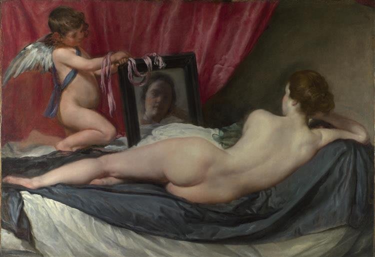 Dipinto di Diego Velázquez, 'Venere allo Specchio', con la dea reclinata e Cupido che le regge lo specchio.