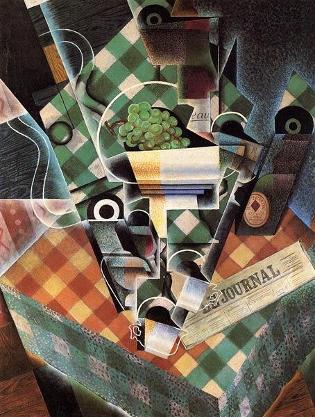 Natura morta cubista di Juan Gris, raffigurante una tovaglia a scacchi e numerosi oggetti tipici da bistrò.