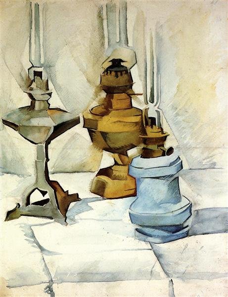 Opera cubista di Juan Gris, caratterizzata da piani geometrici e colori vivaci.