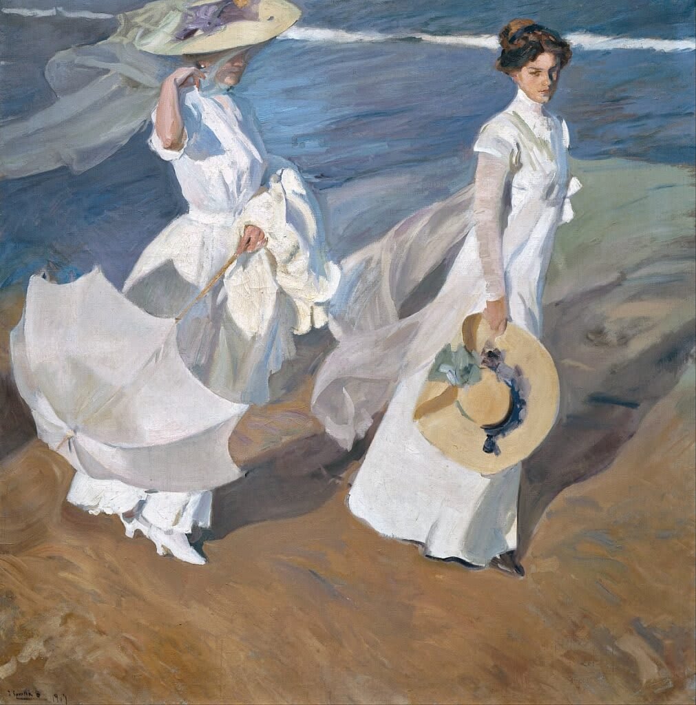 Pittura di Joaquín Sorolla, Passeggiata in riva al mare, raffigurante due donne con abiti bianchi su una spiaggia assolata.