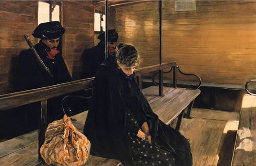 Pittura di Joaquín Sorolla, L'altra Margherita, che mostra una madre criminale scortata da due guardie su un treno.