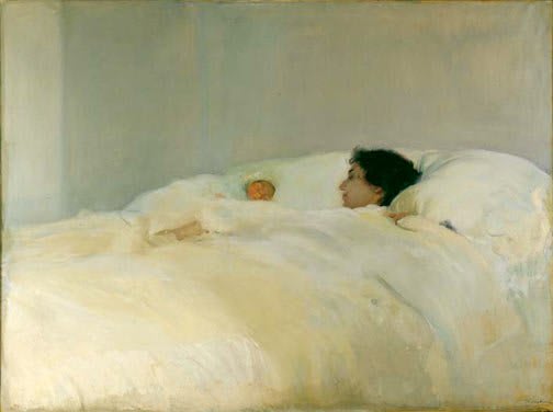 Pittura di Joaquín Sorolla, Madre, raffigurante Clotilde sdraiata a letto con la figlia Elena in braccio.