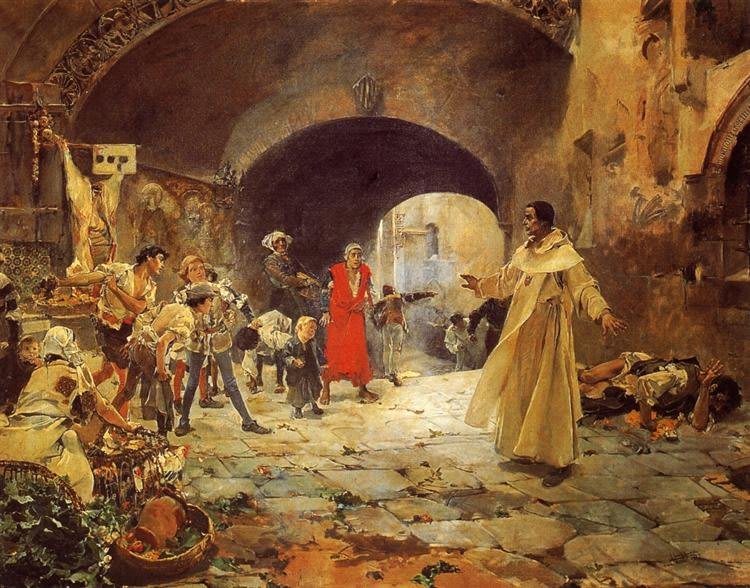 Pittura di Joaquín Sorolla, Padre Jofré che protegge un pazzo, scena storica con figure in abiti d'epoca.
