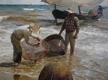 Pittura di Joaquín Sorolla, Pescatori Valenciani, scena di pescatori al lavoro sulla spiaggia sotto la luce del sole.