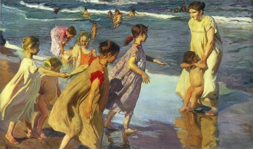 Pittura di Joaquín Sorolla, Estate, con figure di bambini che giocano nell'acqua cristallina sotto un cielo azzurro.