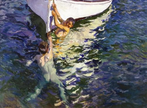 Pittura di Joaquín Sorolla, La Barca Bianca, che raffigura una barca a vela su acque calme con figure a bordo.