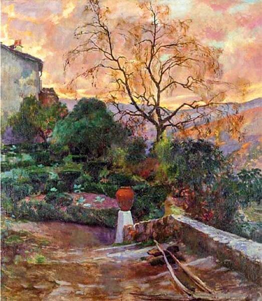 Pittura di Joaquín Sorolla, Fine pomeriggio nel Giardino della Fattoria Spagnola, scena di un giardino fiorito con figure.