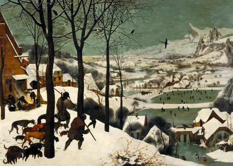 Dipinto di Bruegel il Vecchio: Cacciatori nella Neve, con cacciatori e cani in un paesaggio invernale
