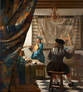 Un particolare de L'Arte della Pittura di Vermeer, con il pittore di spalle e la musa.